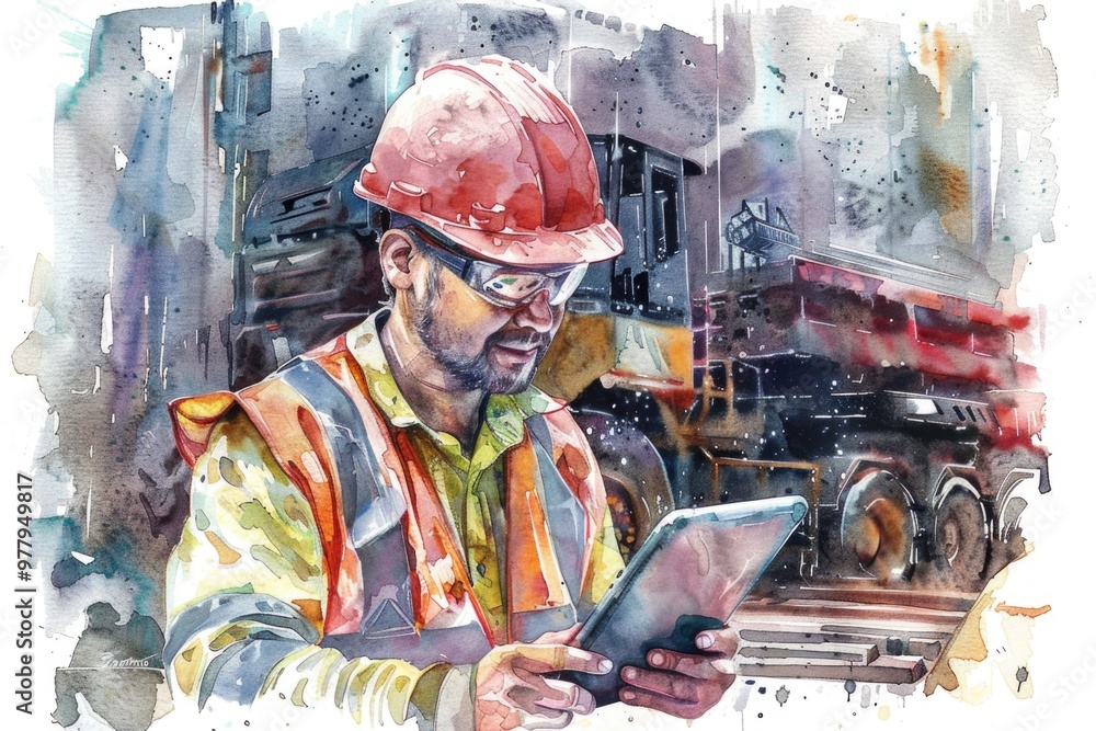 Poster worker taking notes on digital tablet at building site