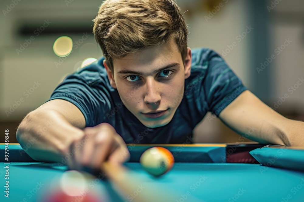Poster A person plays a game of pool in a recreation setting