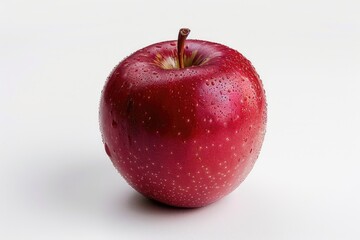 A close-up shot of a red apple with water droplets glistening on its surface