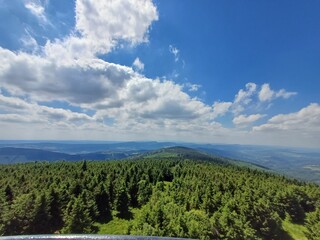 Views from Wielka Sowa mountain, owl mountains, lower silesia, central sudetes, highest peak, peak, wielka sowa, mountains, poland, summer 2024, sleza mountain, polish village © Paulina