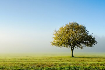 Fototapeta premium Single Tree in Foggy Field at Sunrise with Blue Sky