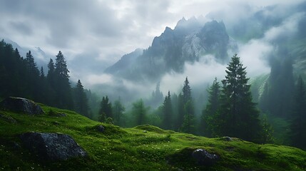Misty mountain landscape with green meadow, forest, and dramatic peak in the background.  Nature, travel, and scenic beauty photography.