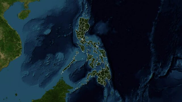 Zoom from Earth to Philippines. (with Provinces) World map animation with highlighted borders of countries. Images from NASA
