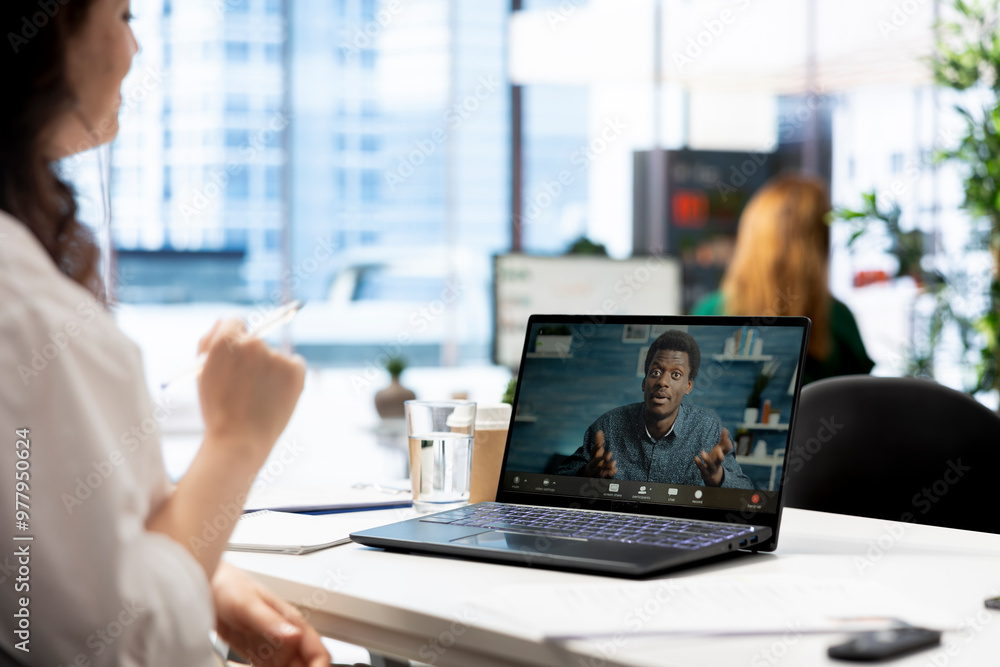Poster recruiter in videoconference meeting with man after finding best talent to fill open company positio
