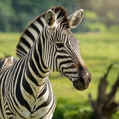 Fototapeta premium Isolated zebra with depth of field highlighting unique stripes and majestic stature