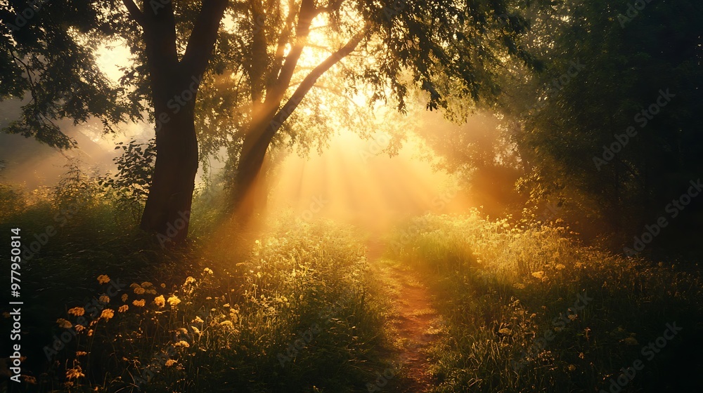 Poster sunbeams through trees in forest with path leading into the mist