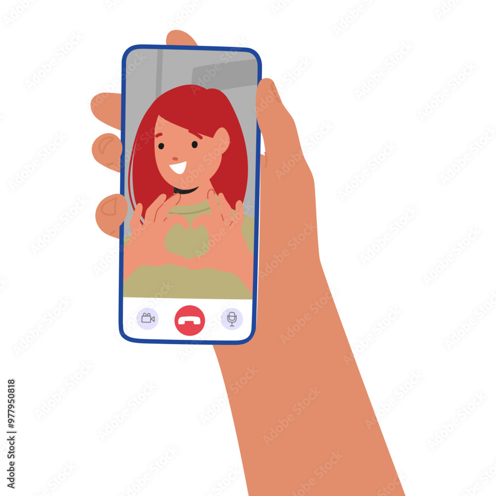 Poster hand holding smartphone showing a video call with a smiling female character making a heart gesture,