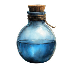 glass bottle filled with blue liquid.