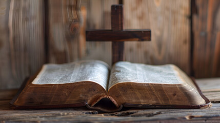 The wooden cross and open bible 