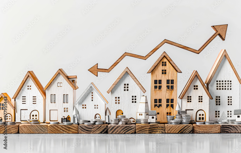 Poster a row of wooden houses with a downward arrow pointing to the right. the houses are lined up in a row