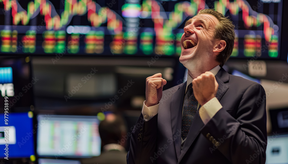 Aufkleber a man in a suit is celebrating in front of a large screen with a lot of numbers and graphs