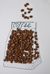 drawing of a pack of coffee with scattered coffee beans