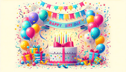 Birthday card illustration with balloons and cake in pink colors, birthday wallpaper, greeting card