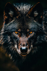 Close-up portrait of a black wolf with detailed facial features. © Nikname