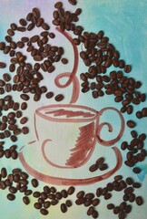 drawn cup of coffee with scattered coffee beans