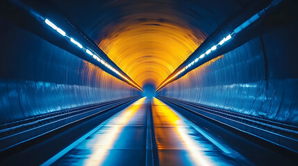 A tunnel with a bright yellow light shining from both ends illuminates a long, dark tunnel