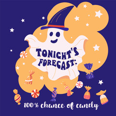 Card, poster party, banner or tshirt print with Tonight forecast 100 chance of candy lettering quote , rain with various candies. Vector illustration. Isolated objects background. Hand drawn flat styl