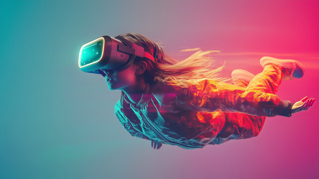 A  girl wearing a VR headset, seemingly floating in mid-air. Concept of virtual reality and the sense of being in another world.