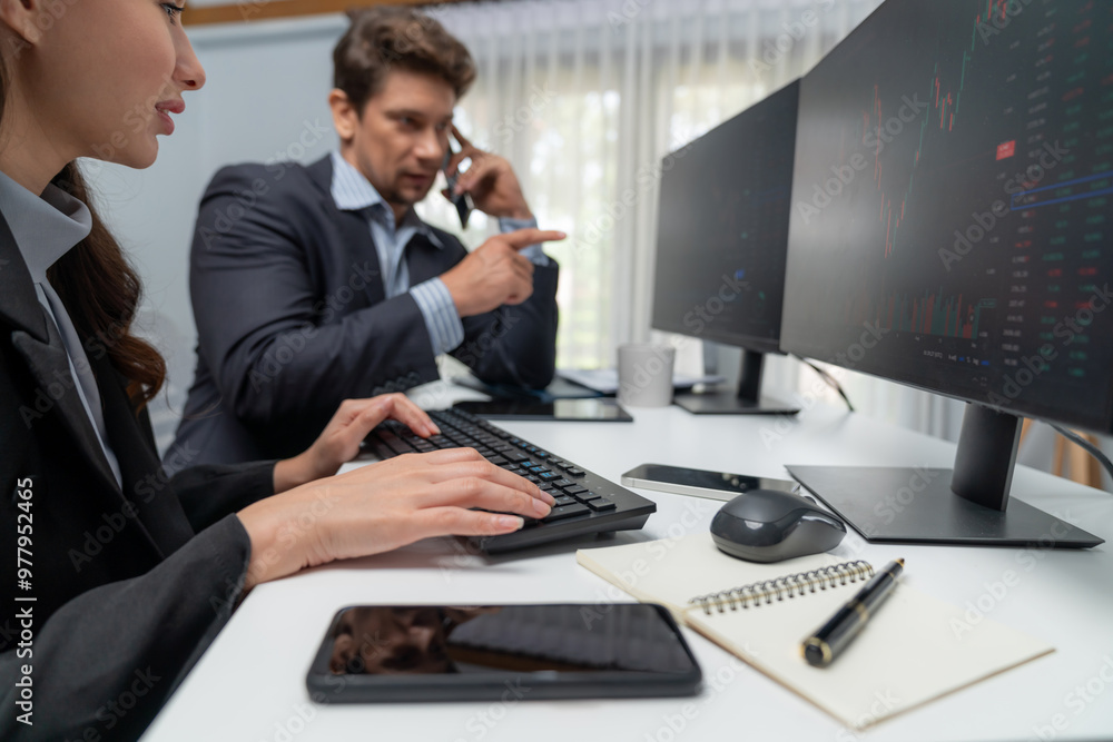 Poster a man broker calling trader businessman to inform high profit point of stock exchange in digital cur