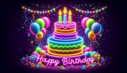A neon cake illustration glowing with vibrant electric colors, birthday card	