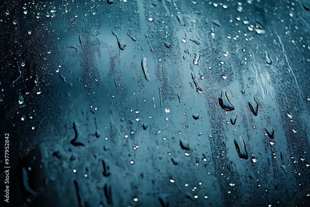 Poster raindrops on a window pane, creating a blurred background