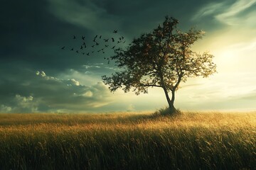 Fototapeta premium Lonely Tree Silhouette in Golden Field at Sunset with Birds Flying Away