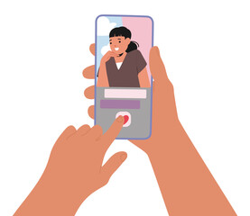 Closeup Of Hands Holding Smartphone Displaying Image Of Smiling Woman Character Chatting Online, Vector Illustration