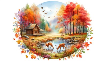 Watercolor illustration of an autumn landscape featuring vibrant fall foliage, golden trees