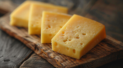 Pieces of fresh cheese on a wooden board. Close-up. Country style.