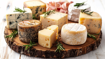 Different types of cheese on a wooden round stand.