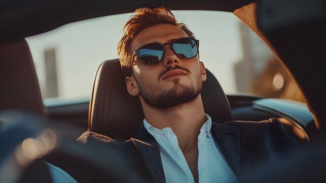 A Man in Sunglasses Leaning Back in a Car Seat