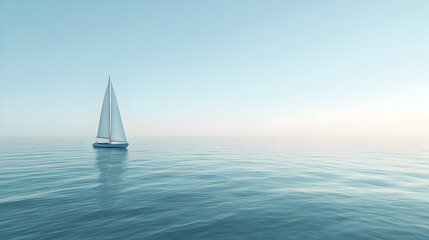 Obraz premium Minimalist sailboat in the distance on calm waters with endless horizon and soft light