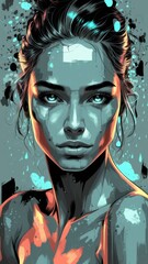 Vibrant Digital Portrait of a Woman with Intense Gaze and Abstract Artistic Style &ndash; Futuristic, Bold Colors, and Splash Art Elements for Creative Design and Illustration Concepts