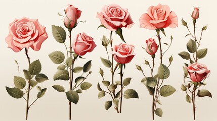 Collection set of pink red cream stalk of rose roses flower floral with leaves on transparent background cutout, PNG file. Mockup template artwork graphic design