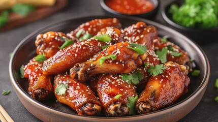 Fototapeta premium Glazed Chicken Wings with Sweet Chili and Sesame Seeds