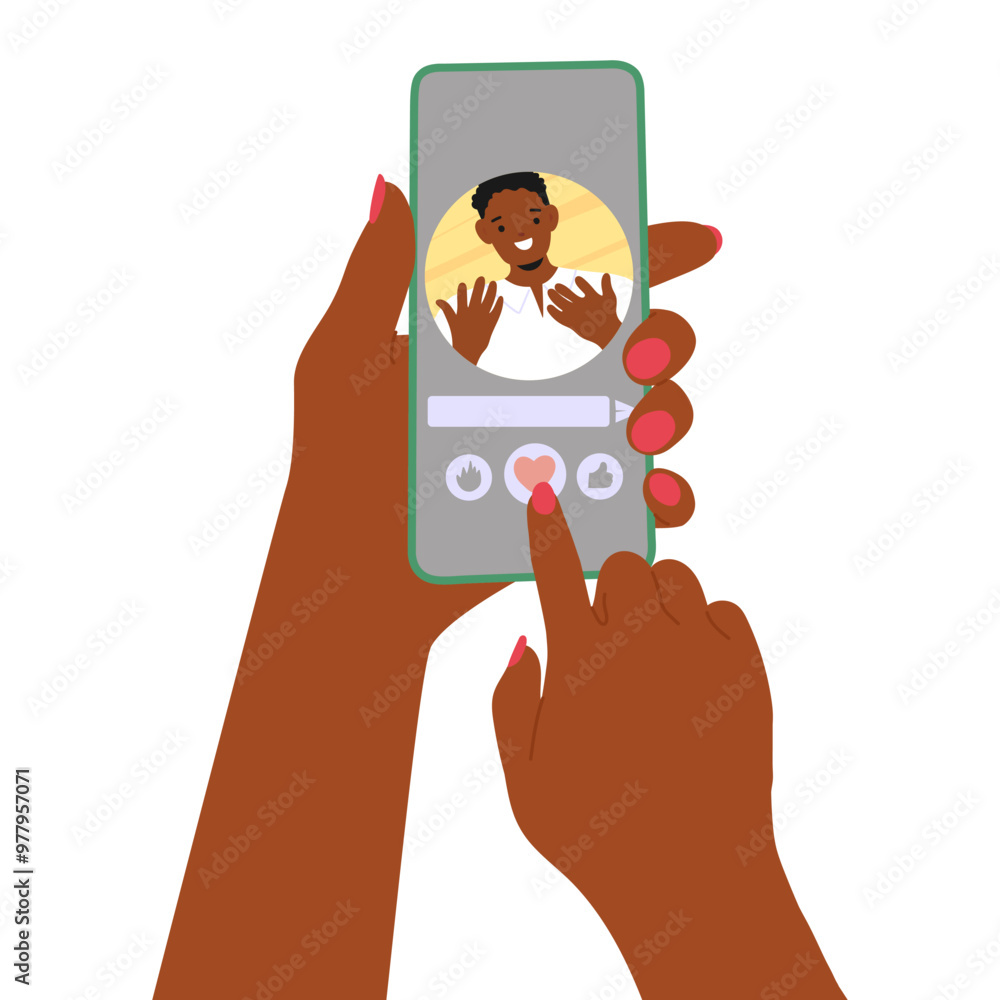 Poster character hands holding smartphone showing social media interaction on screen capturing digital conn