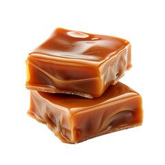 Two caramel candies covered in a layer of caramel sauce are sitting on top of each other