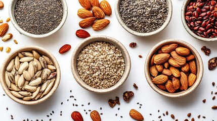 Nuts and seeds are displayed in bowls on a white background, showcasing their textures