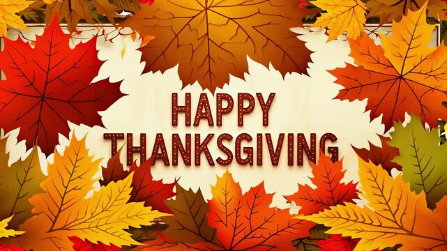 Happy Thanksgiving concept with text and frame of falling colorful autumn leaves