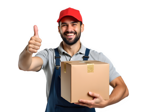 delivery person with parcel Smiling and Holding a Box and Giving a Thumbs Up, Isolated on White Background, Representing Excellent Customer Service and Reliable Delivery