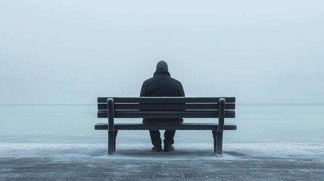 A solitary figure in a hooded jacket sits on a bench by a foggy waterfront, evoking a sense of loneliness and introspection