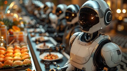 Futuristic food service friendly AI assistants that greet guests by name remember their preferences and ensure a personalized and welcoming dining experience illustrated in a futuristic depiction