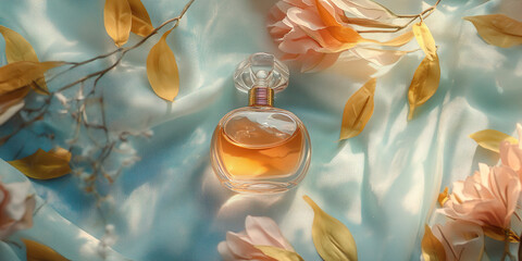 Perfume bottle on draped fabric. Care, cosmetics, perfumery.