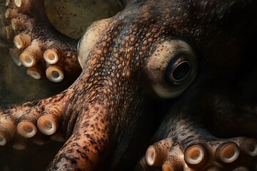 Obraz premium Close up of octopus eye and tentacles underwater
