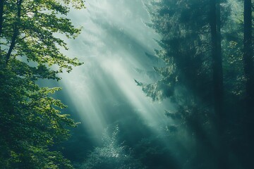 Sunlight rays breaking through trees in a misty forest, nature photography