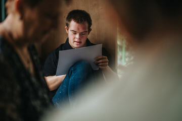 A young man with Down syndrome is deeply engaged in reading a paper. The serene setting emphasizes...
