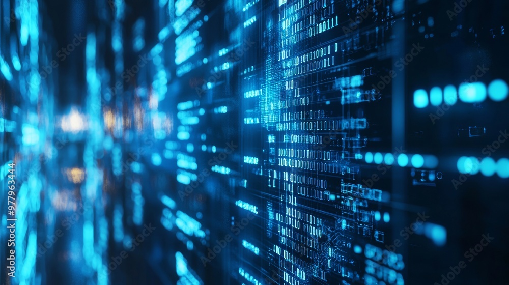 Poster glowing blue binary data stream in a futuristic digital world