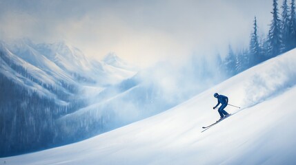 Lone Skier Descending Snowy Slope in Misty Winter Landscape