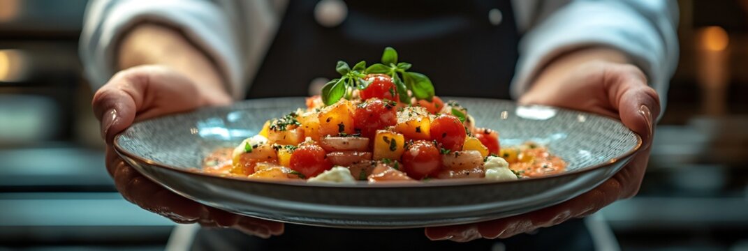 Depiction of culinary excellence within food service professional chef meticulously craft gourmet dish blending art of presentation innovative cooking techniques deliver unparalleled dining experience