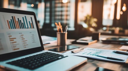 Laptop displaying charts and graphs in a modern office environment
